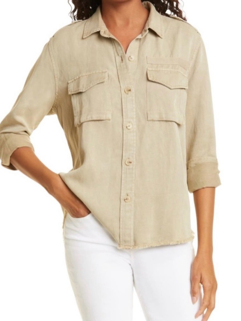 Rails Linen Blend Button Up Shirt Size S Beige Raw Hem Pockets Utility Safari